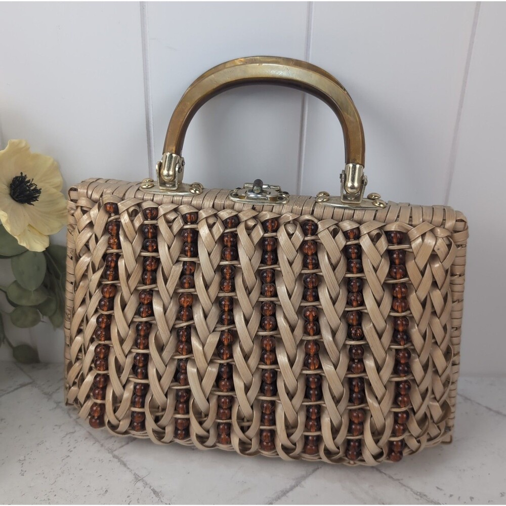 Vintage 1960s Woven Rattan Wicker Beaded Purse w/ Brown Lucite Handles